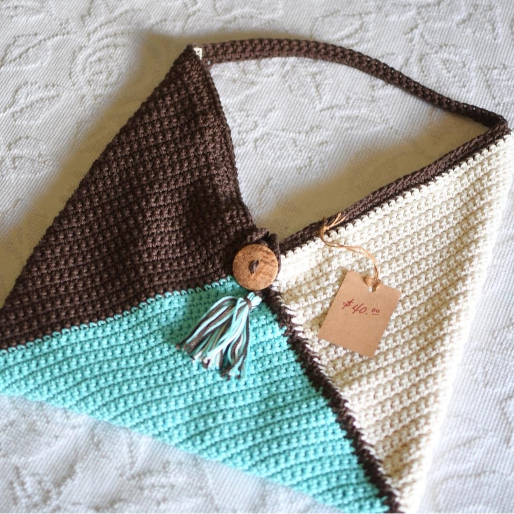 Handcrafted Brown, White, and Teal Crochet Bag